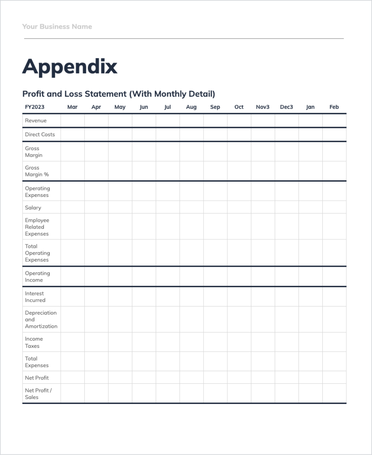 A screenshot of an appendix page from a business plan template titled A screenshot of an appendix page from a business plan template titled