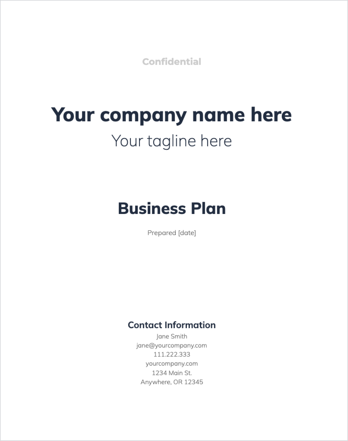 A screenshot of the cover page for a business plan template. The page is titled A screenshot of the cover page for a business plan template. The page is titled
