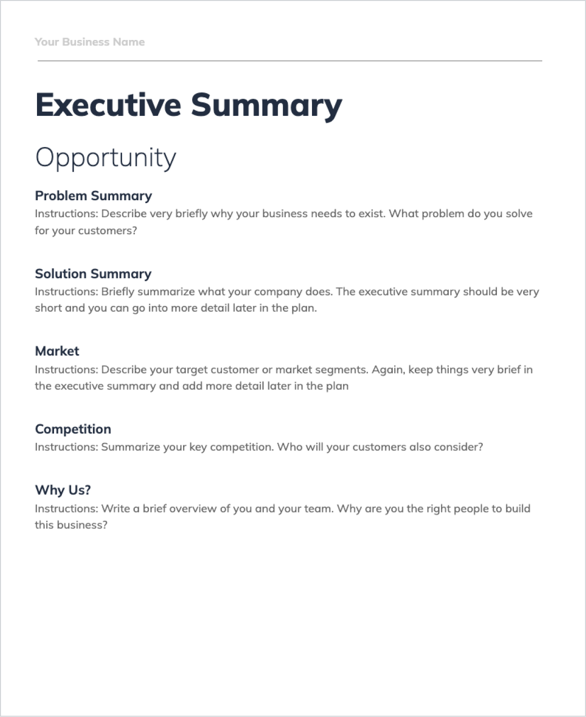 A screenshot of an executive summary page from a business plan template. The page is titled A screenshot of an executive summary page from a business plan template. The page is titled