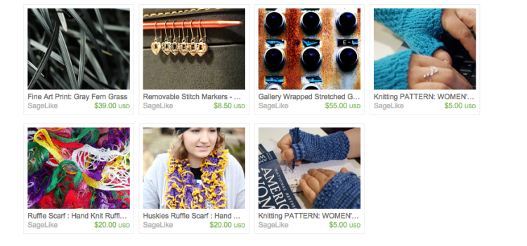 An example of wares from SageLike Studios, featuring hand-knit items and art prints.